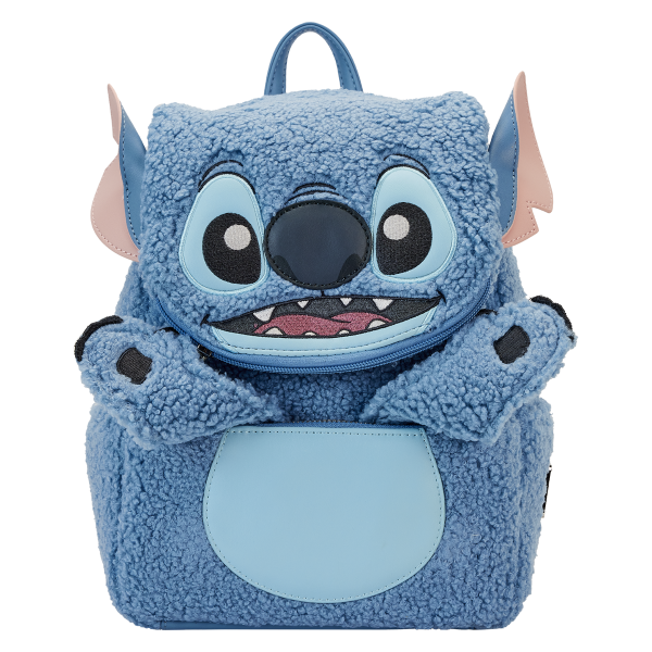 Loungefly Disney Stitch Plush Mini Backpack — close front view showing the embroidered face and vegan leather pocket