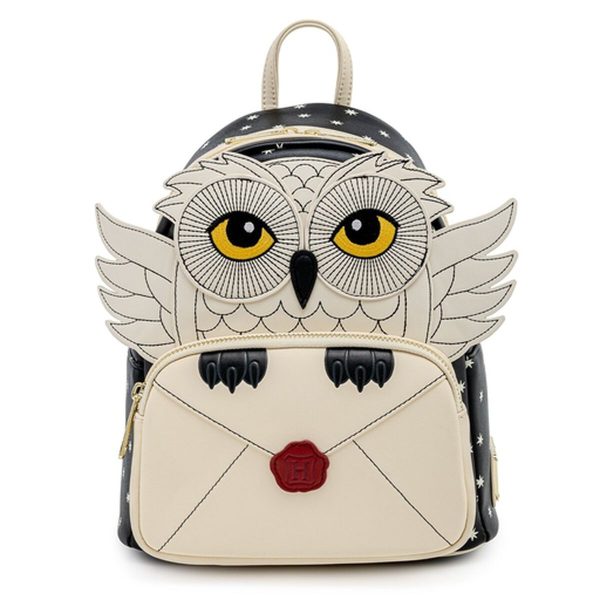 Loungefly Harry Potter Hedwig Howler Mini Backpack — front view showing Hedwig carrying a Howler envelope