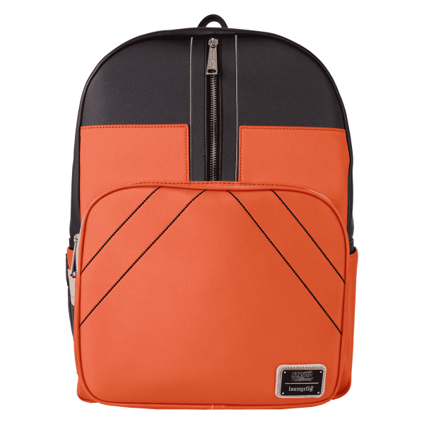 Loungefly Naruto Cosplay Full-Size Backpack — front view in Naruto Uzumaki’s orange and black jumpsuit colours