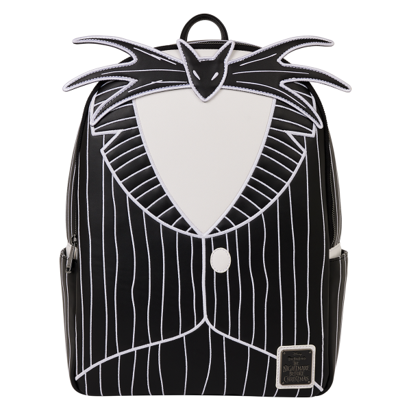 Loungefly Disney The Nightmare Before Christmas Jack Skellington Full-Size Backpack — front view showing Jack’s pinstripe suit and 3D bat bow tie