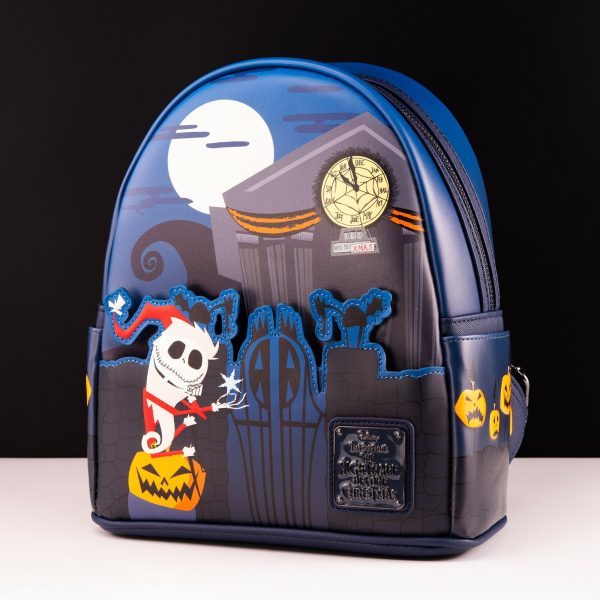 Loungefly Nightmare Before Christmas Santa Jack Graveyard Mini Backpack — full view of the Loungefly Santa Jack graveyard mini backpack