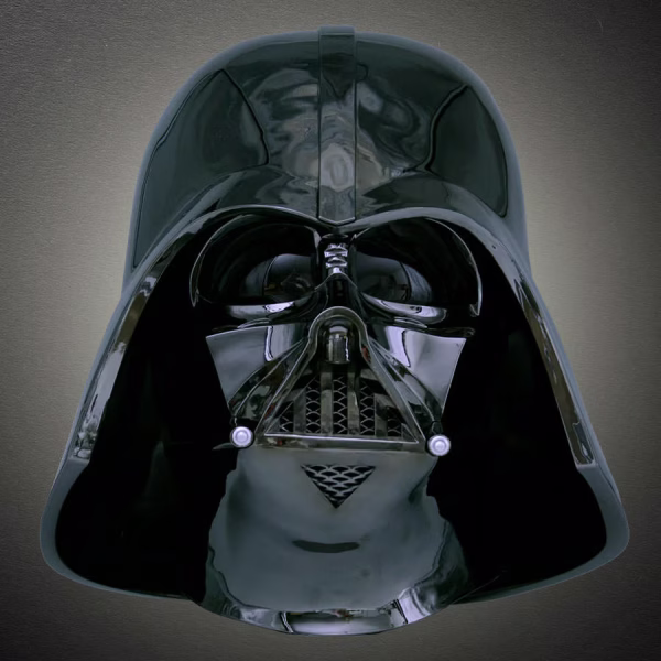 Front view of a glossy black Darth Vader helmet