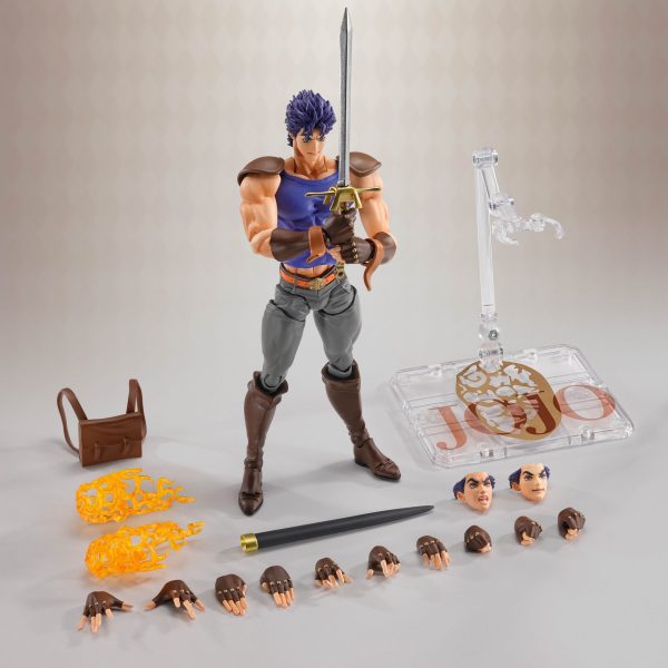 Jonathan Joestar action figure with sword, interchangeable heads and hands, fire effects, backpack, and display stand