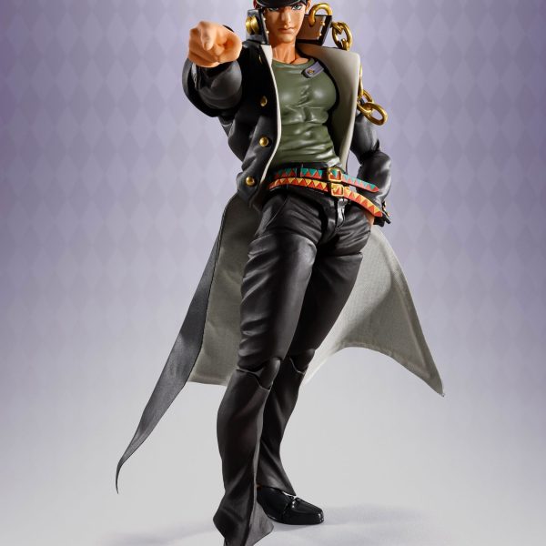 Jotaro Kujo action figure in his iconic pointing pose, wearing a black coat and hat with a gold chain