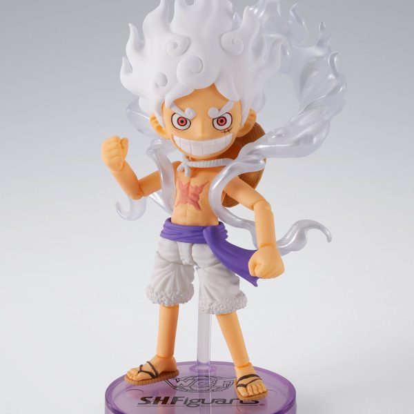 S.H.Figuarts collectible figure of Monkey D. Luffy in Gear 5 form with white flaming hair and translucent smoke