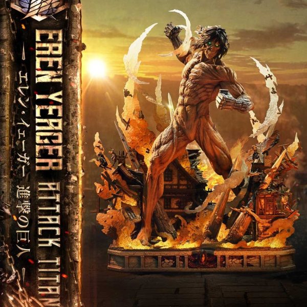 Prime 1 Studio Eren Yeager Attack Titan statue posed against a sunset backdrop