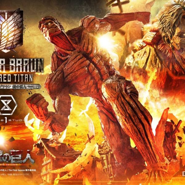 Prime 1 Studio Reiner Braun Armored Titan statue in a fiery key-art shot