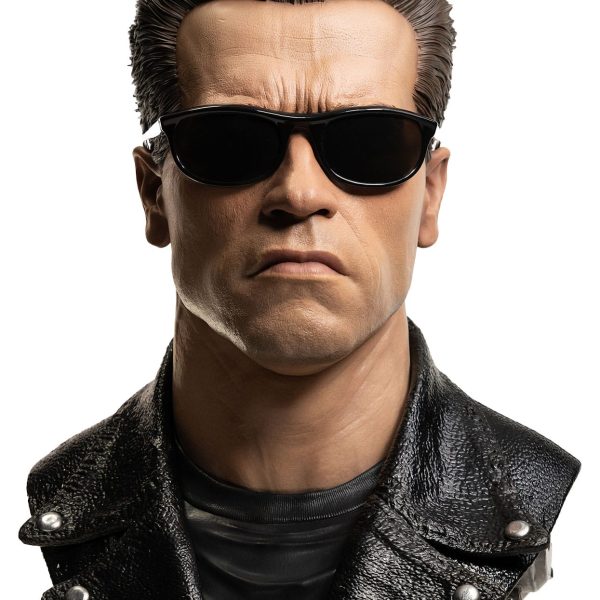 Life-size bust of Arnold Schwarzenegger as the Terminator wearing sunglasses and a black leather jacket