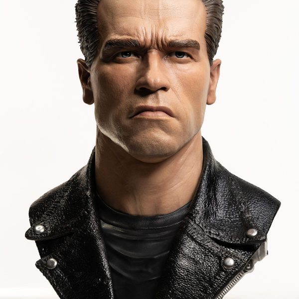 Life-size bust of Arnold Schwarzenegger as the T-800 from Terminator 2: Judgment Day wearing a leather jacket