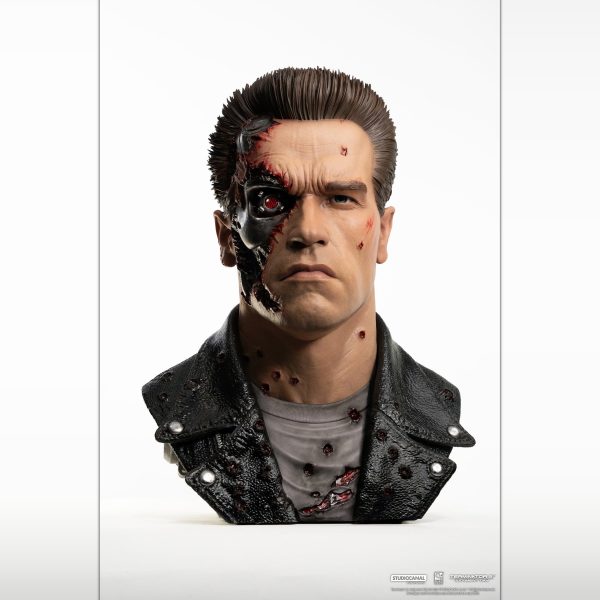 Detailed bust of a battle-damaged T-800 with exposed robotic eye and bullet holes in its leather jacket