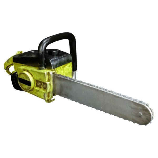 Yellow and black chainsaw with a silver guide bar