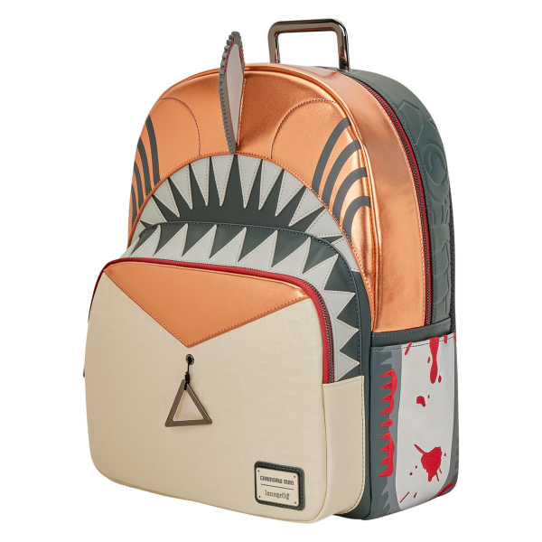 Crunchyroll by Loungefly Chainsaw Man full-size backpack — angled view showing the side profile and metal top handle