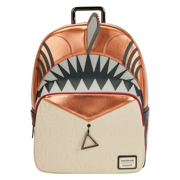 Crunchyroll by Loungefly Chainsaw Man full-size backpack — front view showing Pochita’s teeth and the metallic orange colour block