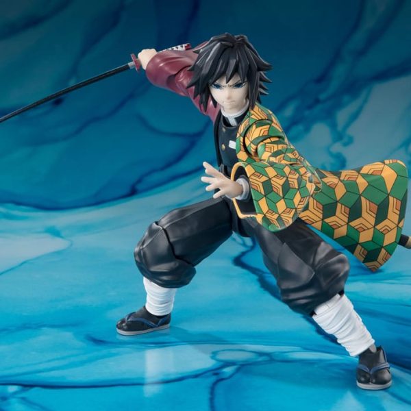 Giyu Tomioka action figure in a lunging pose with a katana against a blue water-themed background
