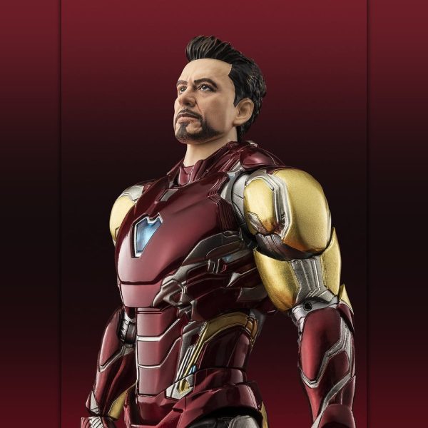 Tony Stark action figure in red and gold Iron Man armor with the helmet removed