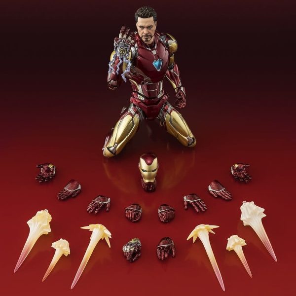 Iron Man Mark 85 action figure kneeling with Nano Gauntlet, shown with interchangeable hands and blast effect accessories