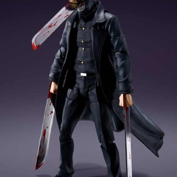 Katana Man action figure in a black coat with blood-splattered blades protruding from his head and arms