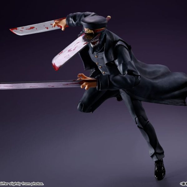 Katana Man action figure in a lunging pose with bloody blades on head and hands, wearing a black coat and peaked cap