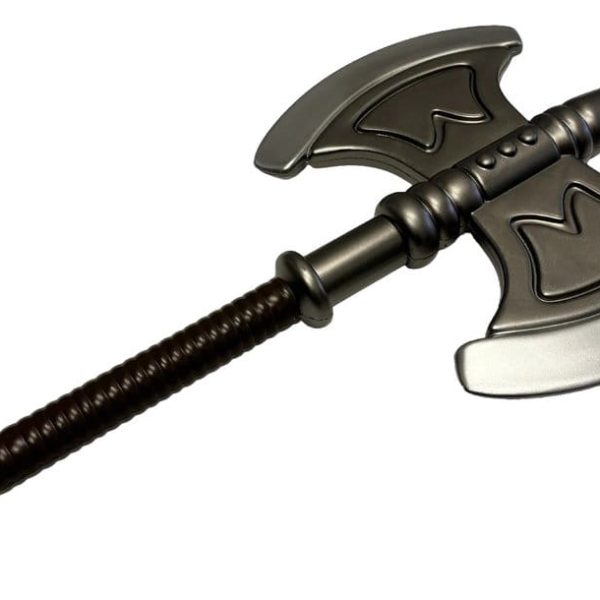 Double-headed battle axe with a metallic grey finish and a dark, textured handle He-Man