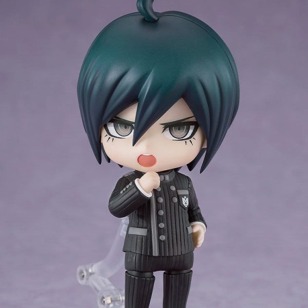 Shuichi Saihara Nendoroid figure in a dark pinstripe uniform with a hand to his chin in a thinking pose