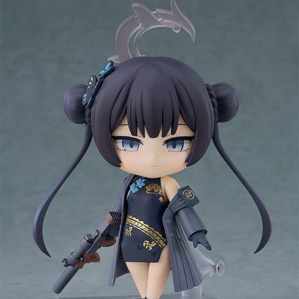Nendoroid Kisaki from Blue Archive in a dark qipao and grey coat, holding a submachine gun with a serious expression
