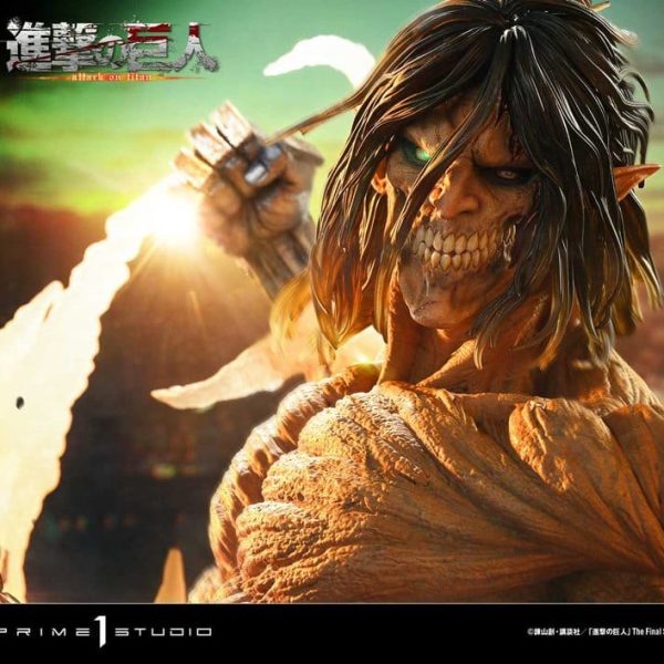 Close-up of the Eren Yeager Attack Titan statue by Prime 1 Studio with glowing green eyes