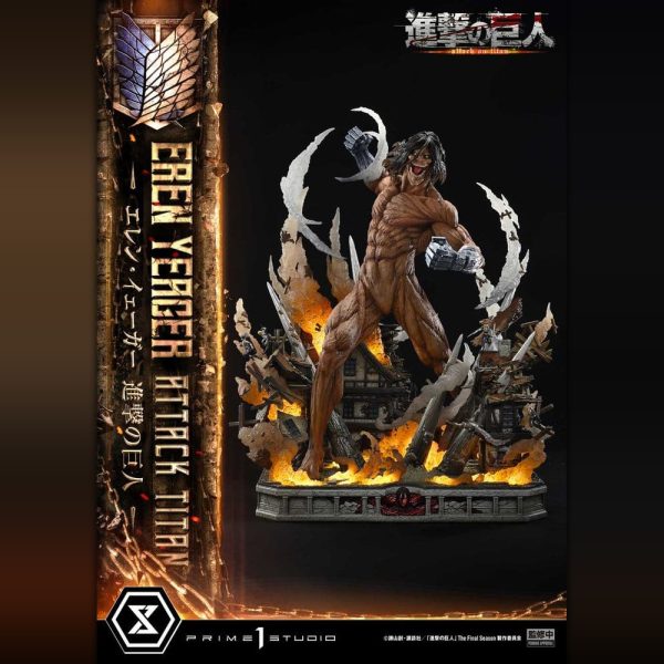 Eren Yeager Attack Titan statue by Prime 1 Studio, standing on a base of fire and rubble