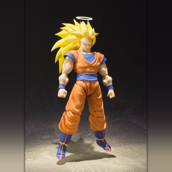 Super Saiyan 3 Goku action figure with a halo, wearing an orange and blue gi