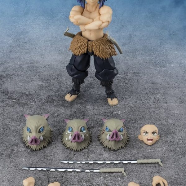 Inosuke Hashibira action figure with interchangeable boar masks, face plate, swords, and hands