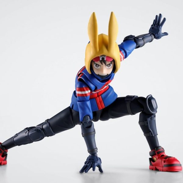 Action figure of Koichi Haimawari in a low crouching pose wearing a blue hoodie with a yellow All Might-themed hood