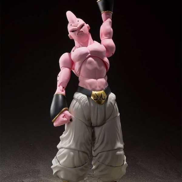 Super Buu action figure with pink skin and white baggy pants, posing with one arm raised