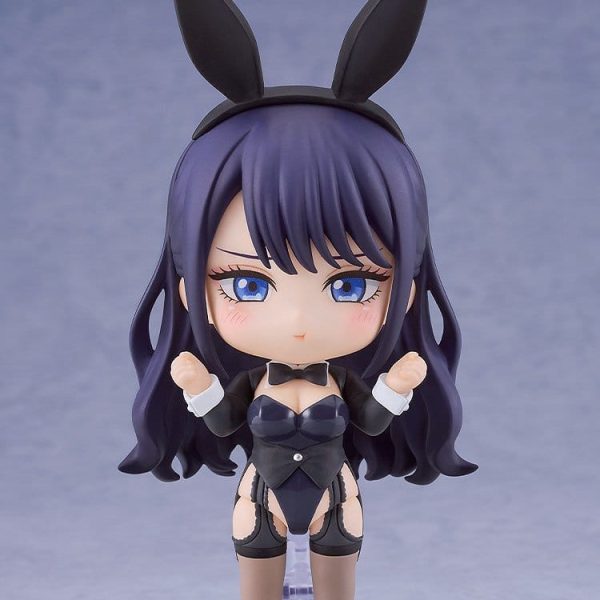 Nendoroid figure of Marin Kitagawa wearing a black bunny girl outfit with purple hair and bunny ears