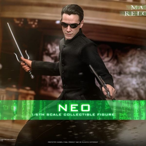 Neo 1/6th scale collectible figure from The Matrix Reloaded, wearing sunglasses and holding two sai weapons