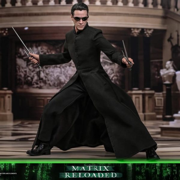 Neo 1/6th scale collectible figure of Neo from The Matrix Reloaded, wearing a black coat and holding two sai