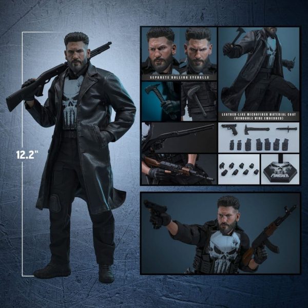 12.2-inch Punisher action figure featuring rolling eyeballs, a microfiber coat, and multiple weapons and accessories