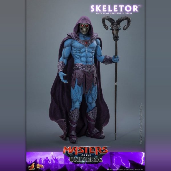 Skeletor 1/6th scale collectible figure from Masters of the Universe with muscular blue body and ram-headed staff