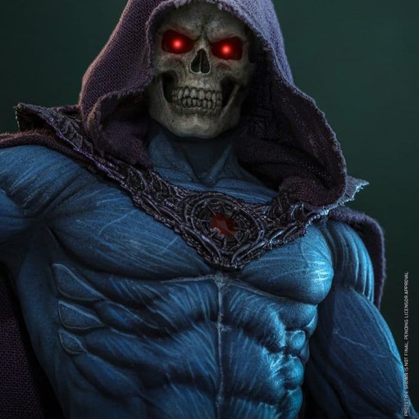 Skeletor 1/6 scale collectible figure with glowing red eyes, skull face, and purple hood