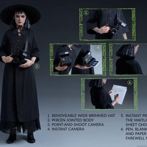 Lydia Deetz figure features: removable hat, jointed body, two cameras, photo of the Maitlands, and stationery