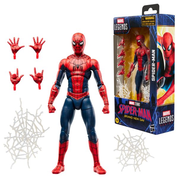 Marvel Legends Spider-Man Brand New Day 15cm action figure shown with its four spare hands, two web pieces and the boxed product