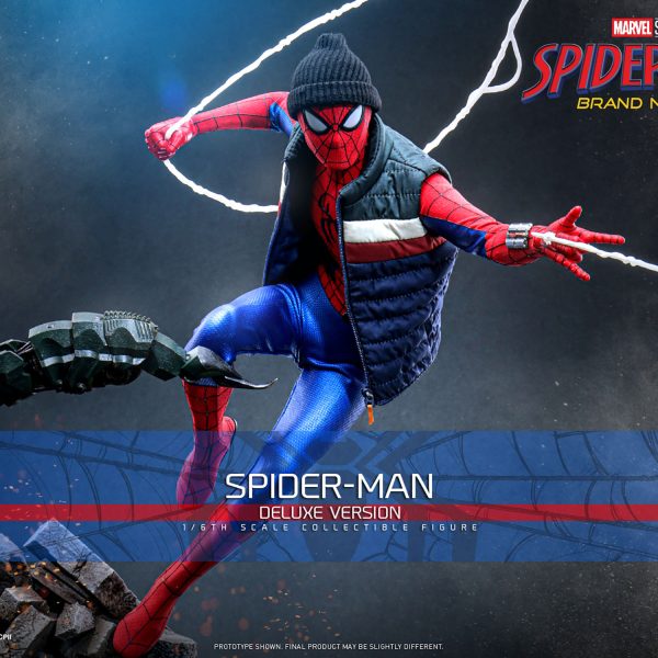 Hot Toys Spider-Man Brand New Day Deluxe Version sixth scale figure web-swinging in the black beanie and striped puffer vest