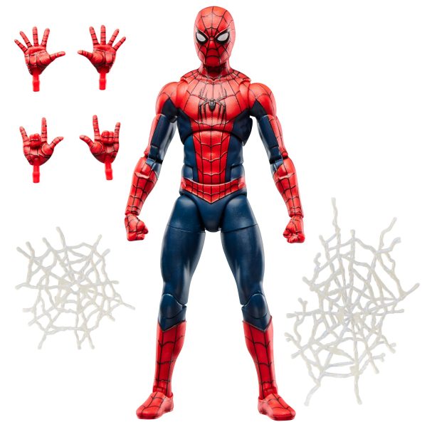 Marvel Legends Spider-Man action figure from Spider-Man: Brand New Day with all six accessories laid out - four spare hands and two web pieces