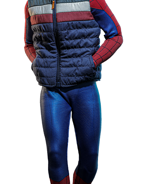 Spider-Man (Deluxe Version) sixth scale figure full-length packshot in the Deluxe-exclusive beanie and puffer vest