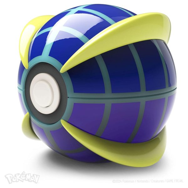 Pokémon Beast Ball die-cast replica — a blue and purple Poké Ball with yellow hook accents on its display stand
