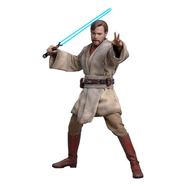 Hot Toys Obi-Wan Kenobi Mustafar 1/6 sixth scale figure – full front packshot with blue lightsaber