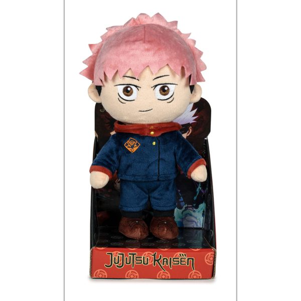 Jujutsu Kaisen Itadori plush in his school uniform, shown in its open-front display box