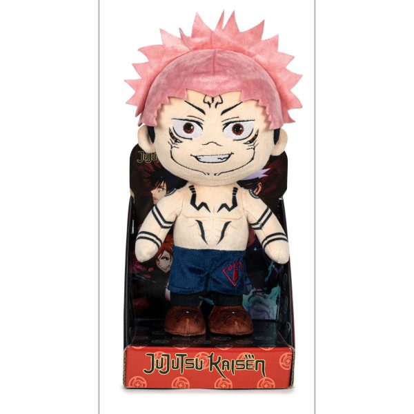 Jujutsu Kaisen Sukuna plush with his facial and body markings, shown in its open-front display box