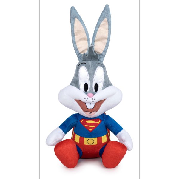 Looney Tunes Bugs Bunny superhero plush in a blue and red caped superhero costume