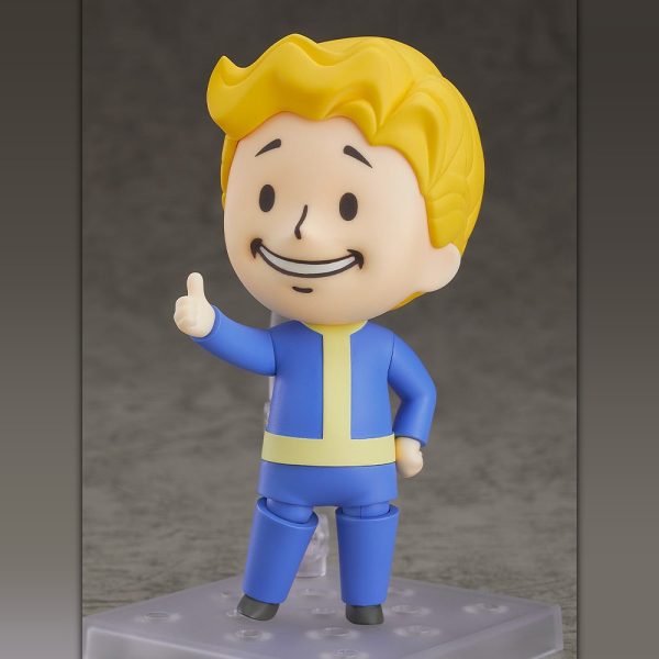 Nendoroid Vault Boy 76 figure giving a thumbs-up in the blue and yellow vault suit, on its clear display stand