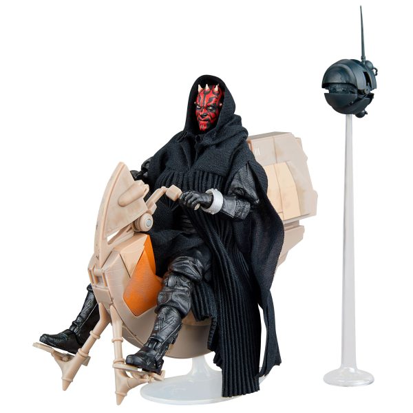 Star Wars Black Series Darth Maul & Sith Speeder figure seated on the Sith Speeder, complete set