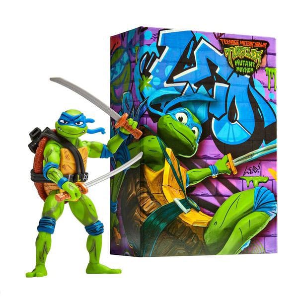 TMNT Mutant Mayhem Comic Con Leonardo action figure with his twin swords, beside the graffiti-print display box